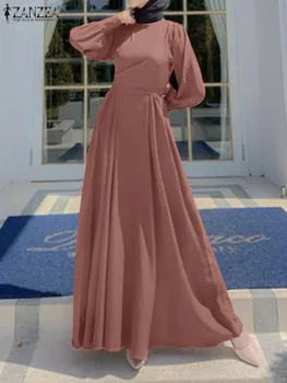 Elegantne Ženske Dolg Rokav Muslimansko Obleko Maxi ZANZEA 2022 Pomlad Čipke Dolgo Sundress tam kaftan Dubaj Turčija Abaya Hidžab Obleko Robe