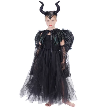 Halloween Kostumi Za otroke Maleficent Obleko Deluxe Dekleta Fancy Pero Šal Glam Obleke Tutu Obleko Otroci Demon Kraljica Čarovnica Oblačila