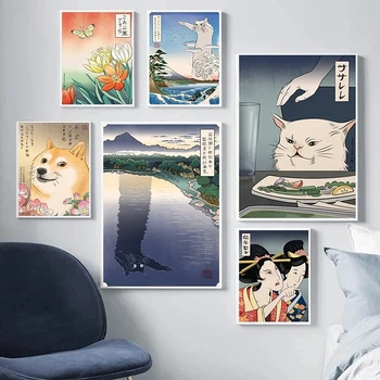 Japonski Samuraj, Gejša In Mačka Natisne Barvanje Slike Wall Art Modular Nordijska Platno Plakat Sodobne Postelji Doma Stenski Dekor