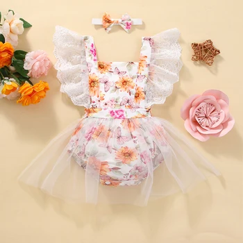 Poletje Dojenčka Newborn Baby Dekleta Oblačenja Bodysuit Čipke Letenje Rokav Očesa Robom Cvetlični Vzorec Oblačila