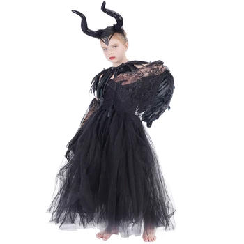 Halloween Kostumi Za otroke Maleficent Obleko Deluxe Dekleta Fancy Pero Šal Glam Obleke Tutu Obleko Otroci Demon Kraljica Čarovnica Oblačila Slike 2