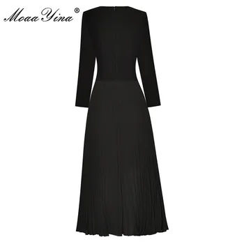 MoaaYina Modni Stezi Jeseni Črno Obleko Žensk O-vratu Beading Preplete Dolgo Nabrano Obleko Slike 2